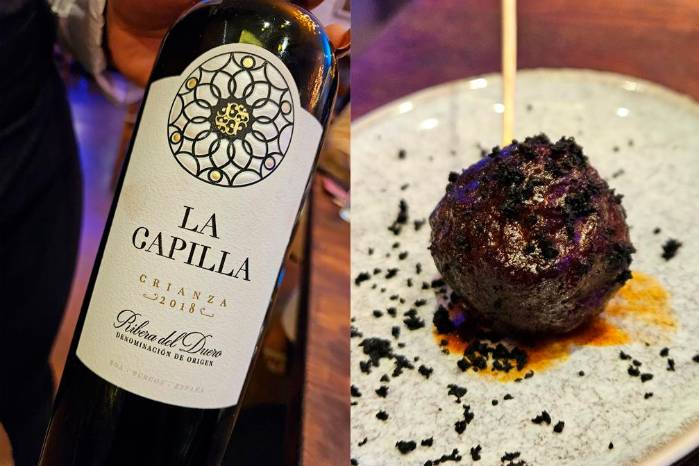 La Capilla, Ribera del Duero con albóndiga en salsa de vino tinto. La Capilla, Ribera del Duero con albóndiga en salsa de vino tinto.