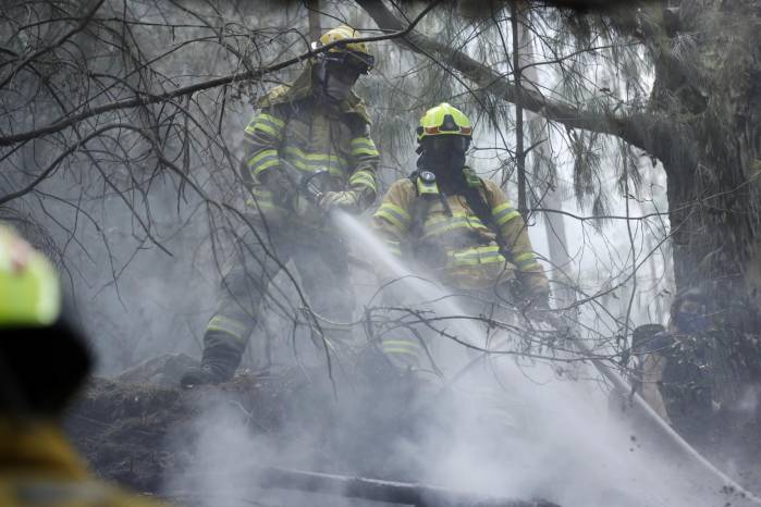 Bomberos trabajan en la extinción de un incendio, en el cerro El Cable, en Bogotá (Colombia). Bomberos trabajan en la extinción de un incendio, en el cerro El Cable, en Bogotá (Colombia).