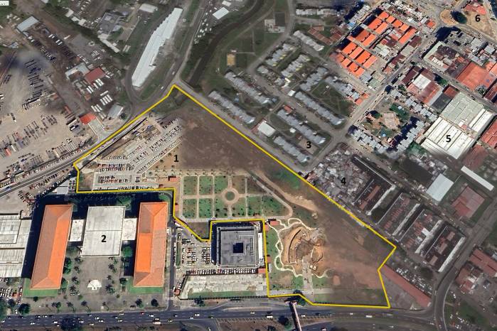 Vista actual del Parque Electoral en Curundú. (1) Polígono del parque Electoral (2) sede del Tribunal Electoral (3) multifamiliares del proyecto de renovación urbana de Curundú (4) vivienda informal ocupada (5) estadio Juan Demóstenes Arosemena. Vista actual del Parque Electoral en Curundú. (1) Polígono del parque Electoral (2) sede del Tribunal Electoral (3) multifamiliares del proyecto de renovación urbana de Curundú (4) vivienda informal ocupada (5) estadio Juan Demóstenes Arosemena.