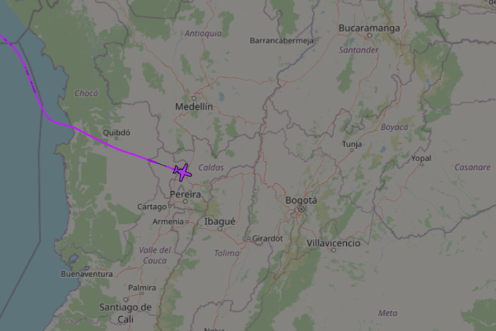 Avión de Martinelli al momento de viajar a Colombia, según rastreo satelital. Avión de Martinelli al momento de viajar a Colombia, según rastreo satelital.