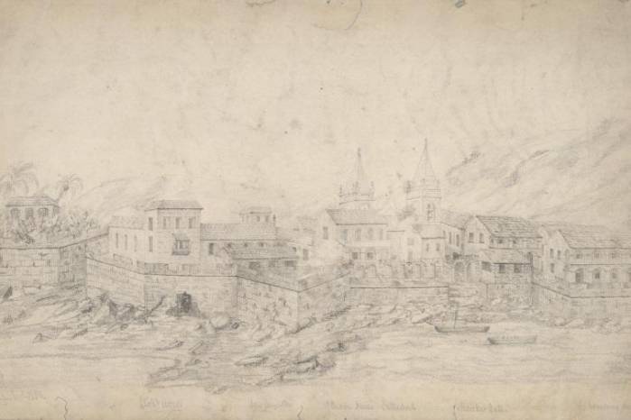 George Gibson: Dibujo de vista hacia el interior de la ciudad rodeada por la muralla fortificada, la Puerta de Mar y numerosos edificios e iglesias, 1850. University of California- Berkeley. EE.UU. George Gibson: Dibujo de vista hacia el interior de la ciudad rodeada por la muralla fortificada, la Puerta de Mar y numerosos edificios e iglesias, 1850. University of California- Berkeley. EE.UU.