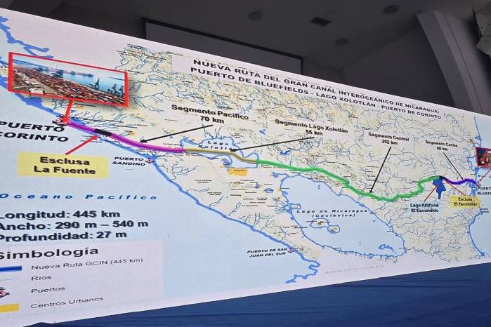 Mapa con la nueva ruta del canal de Nicaragua que conectará el puerto de Bluefields con el de Corinto. Mapa con la nueva ruta del canal de Nicaragua que conectará el puerto de Bluefields con el de Corinto.