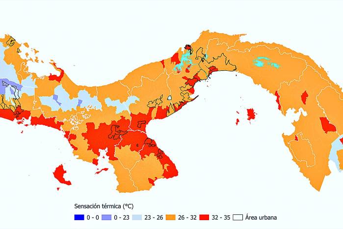 Las proyecciones publicadas por MiAmbiente sobre el comportamiento de la sensación térmica en 2050, muestran que al menos el 47 % de la población del país, en áreas como la ciudad de Panamá, el arco seco y el borde costero de Chiriquí sufrirá de una sensación térmica superior a los 32 °C, zona de precaución extrema. Las proyecciones publicadas por MiAmbiente sobre el comportamiento de la sensación térmica en 2050, muestran que al menos el 47 % de la población del país, en áreas como la ciudad de Panamá, el arco seco y el borde costero de Chiriquí sufrirá de una sensación térmica superior a los 32 °C, zona de precaución extrema.