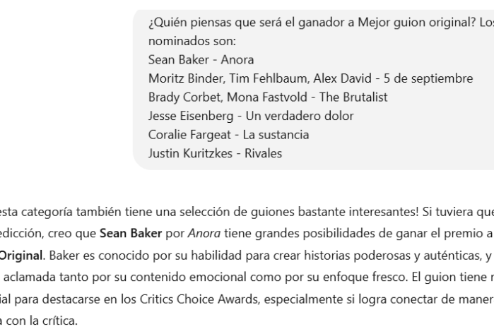 La herramienta de IA predice a Sean Baker como ganador por Mejor guion original para los Critics Choice Awards. La herramienta de IA predice a Sean Baker como ganador por Mejor guion original para los Critics Choice Awards.