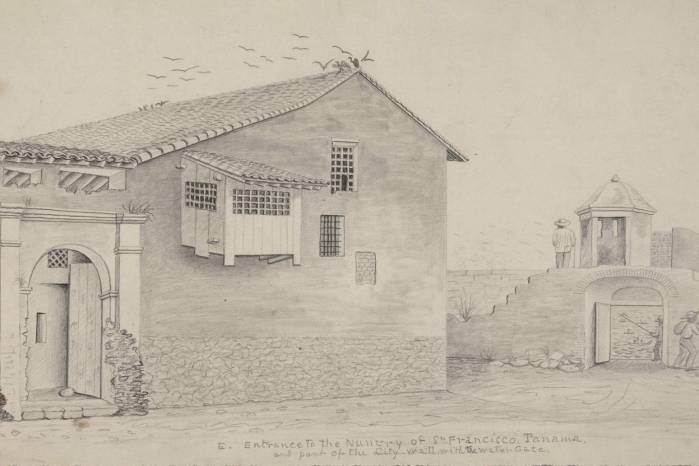 Dibujo de la entrada este del convento de San Francisco y vista de la Puerta de Mar, 1851, The Huntington Library. Dibujo de la entrada este del convento de San Francisco y vista de la Puerta de Mar, 1851, The Huntington Library.