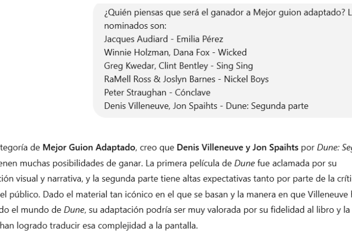 La herramienta de IA predice a Denis Villeneuve y Jon Spaihts como ganadores por Mejor guion adaptado para los Critics Choice Awards. La herramienta de IA predice a Denis Villeneuve y Jon Spaihts como ganadores por Mejor guion adaptado para los Critics Choice Awards.