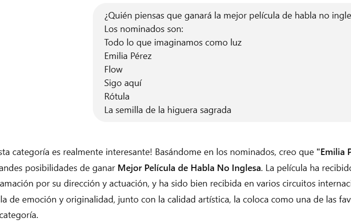 La herramienta de IA predice a Emilia Pérez como ganadora a Mejor película de habla no inglesa para los Critics Choice Awards. La herramienta de IA predice a Emilia Pérez como ganadora a Mejor película de habla no inglesa para los Critics Choice Awards.