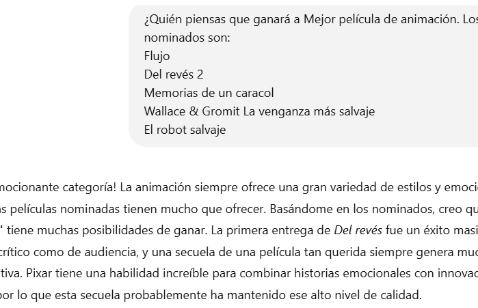 La herramienta de IA predice a Del revés 2 como ganador para Mejor película de animación para los Critics Choice Awards. La herramienta de IA predice a Del revés 2 como ganador para Mejor película de animación para los Critics Choice Awards.