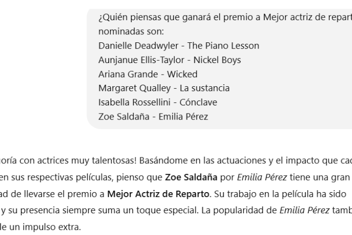 La herramienta de IA predice a Zoe Saldaña como la Mejor actriz de reparto para los Critics Choice Awards. La herramienta de IA predice a Zoe Saldaña como la Mejor actriz de reparto para los Critics Choice Awards.