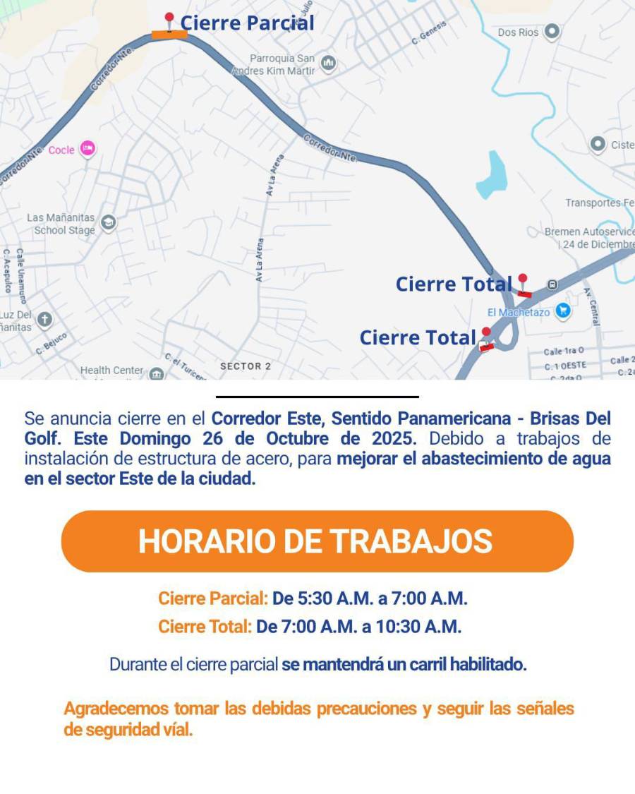 ¡Atención conductores! Cierre total en el Corredor Este hacia Brisas del Golf, conozca fecha y horarios ¡Atención conductores! Cierre total en el Corredor Este hacia Brisas del Golf, conozca fecha y horarios
