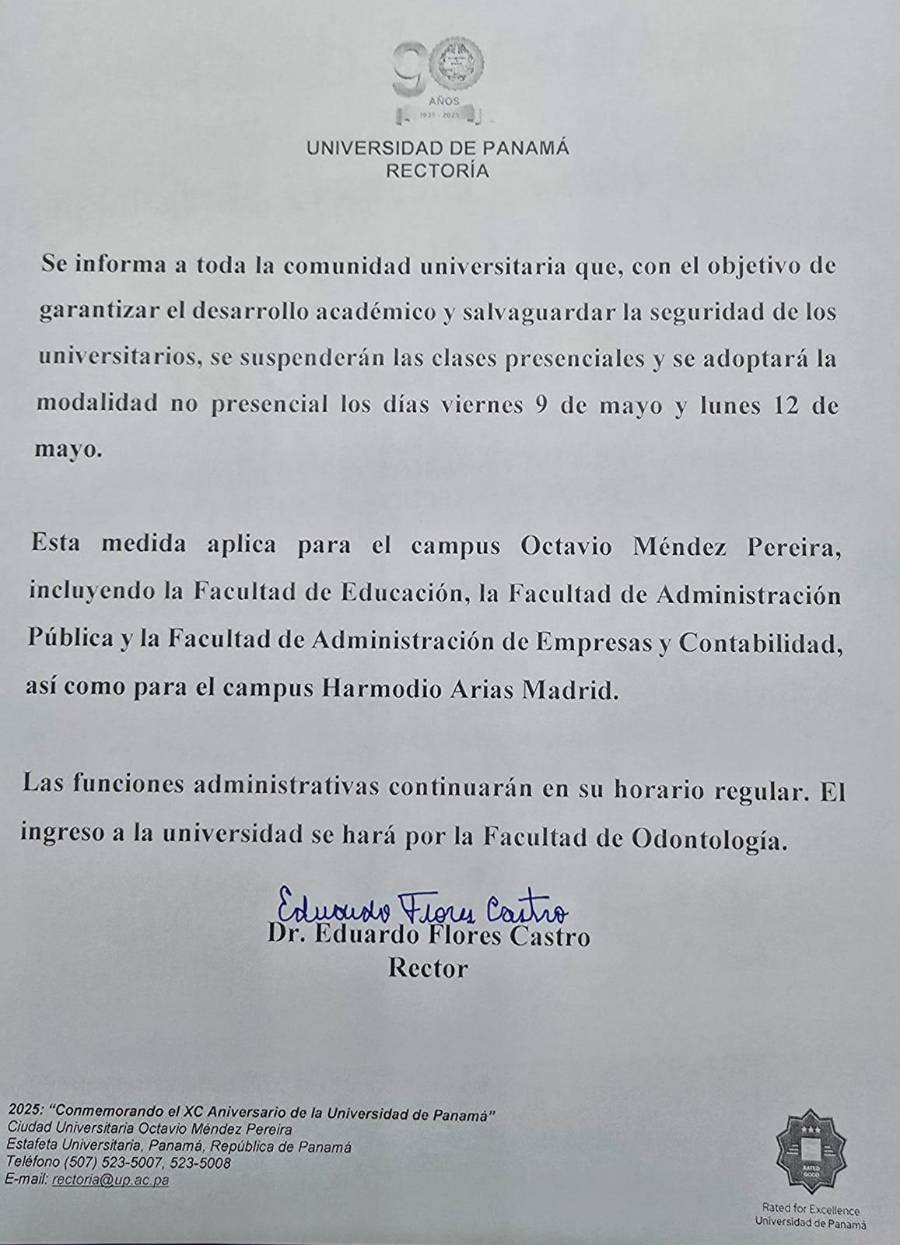 Universidad de Panamá suspende clases presenciales para el viernes y lunes Universidad de Panamá suspende clases presenciales para el viernes y lunes