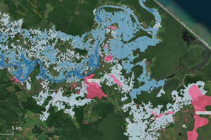 Este mapa muestra las áreas inundables en la provincia de Bocas del Toro, específicamente en el sector de Guabito, uno de los cinco corregimientos con el mayor número de afectados por inundaciones entre 1990 y 2020, según los datos de Desinventar. Este mapa muestra las áreas inundables en la provincia de Bocas del Toro, específicamente en el sector de Guabito, uno de los cinco corregimientos con el mayor número de afectados por inundaciones entre 1990 y 2020, según los datos de Desinventar.