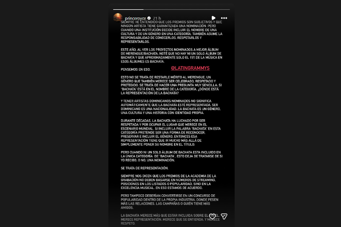 Prince Royce cuestiona la representación de la bachata en los Latin Grammy 2026.