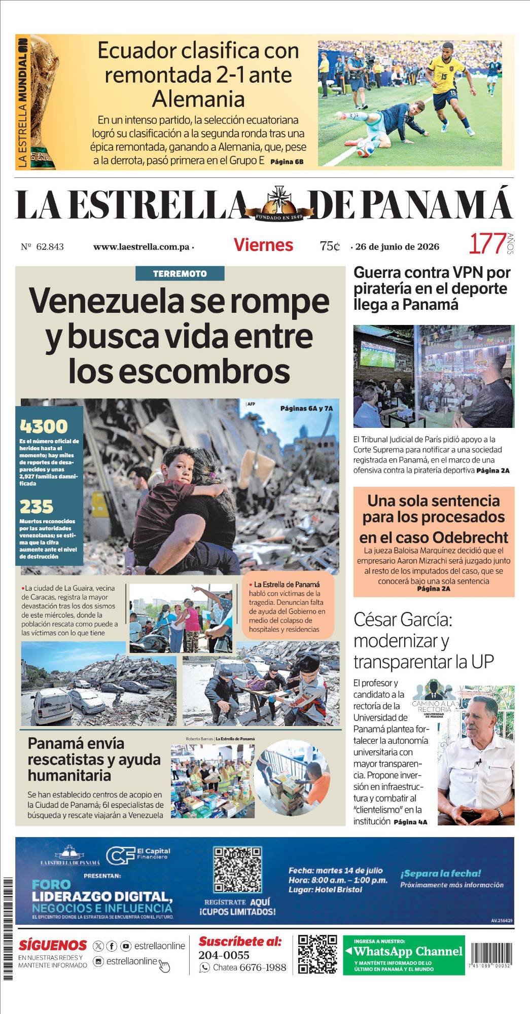 Portada del impreso del 26 de junio de 2026