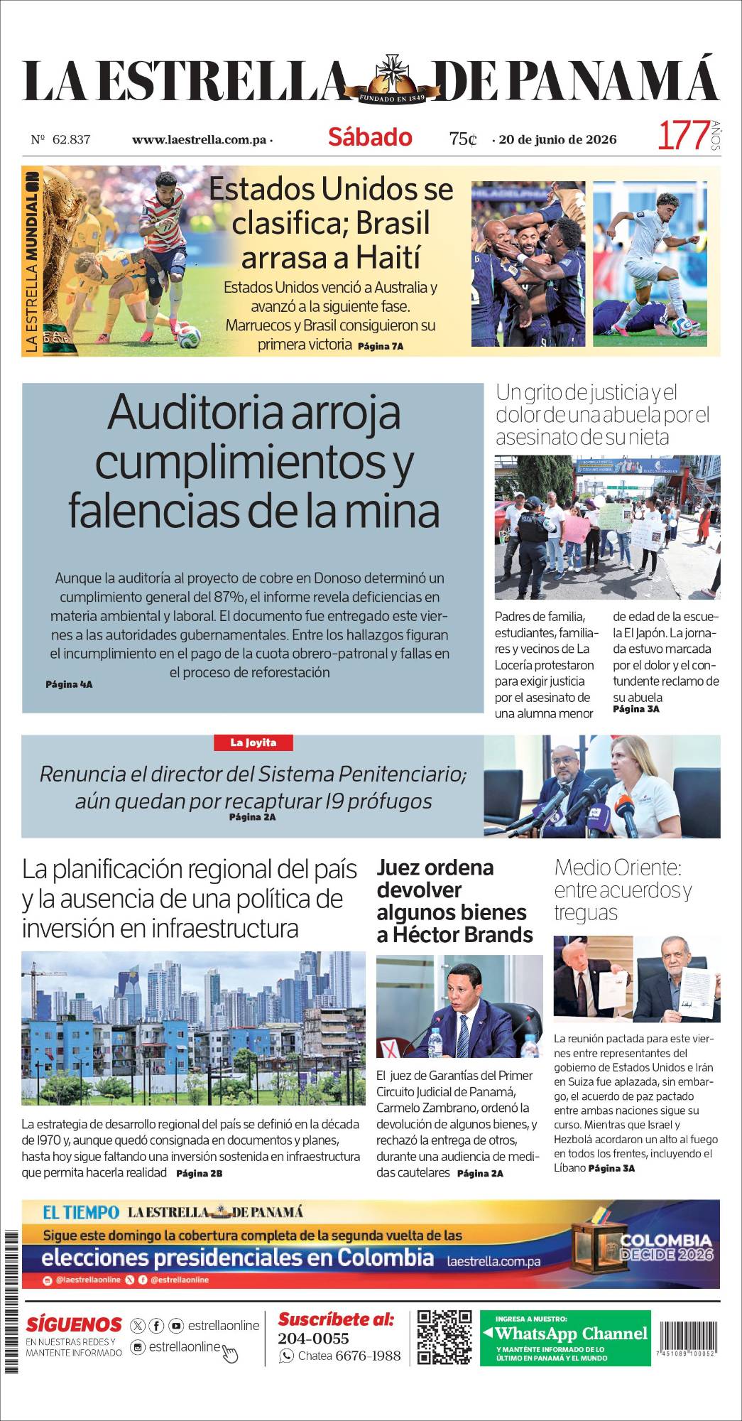 Portada del impreso del 20 de junio de 2026