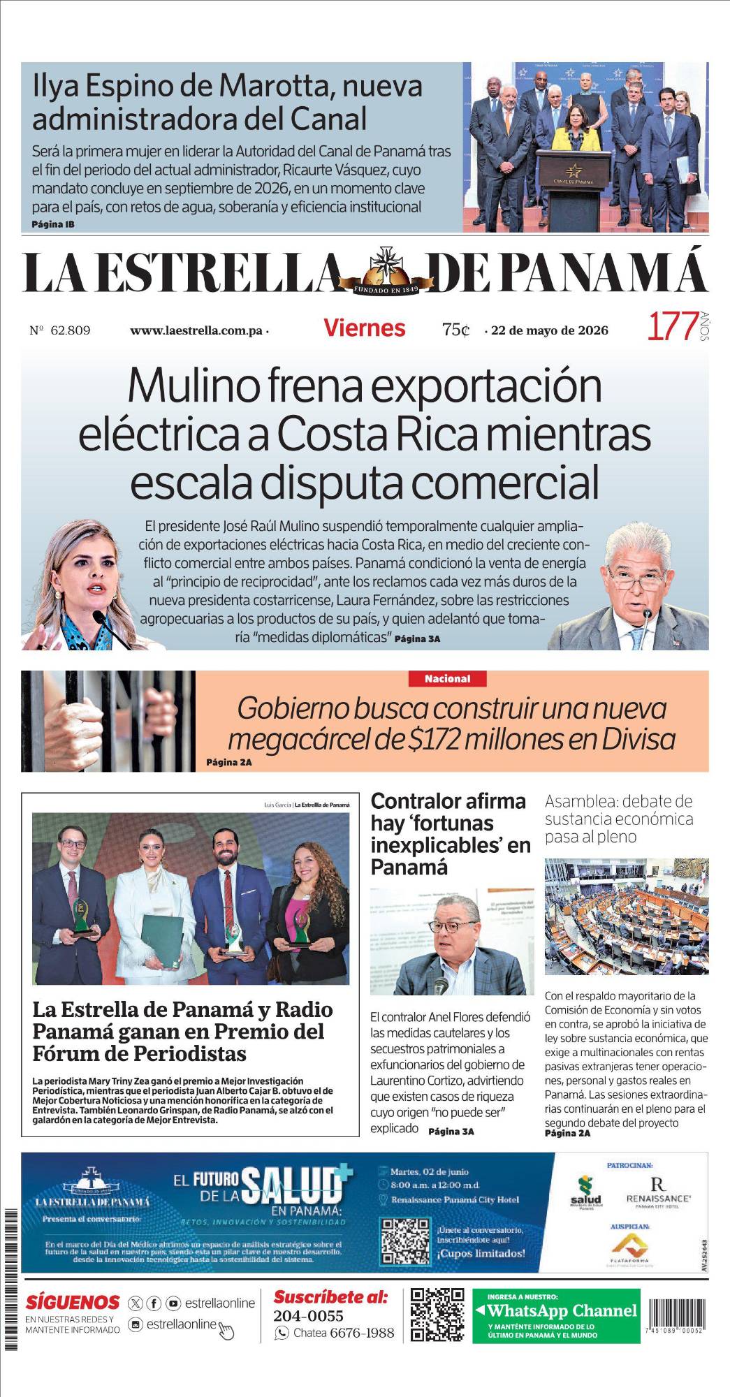 Portada del impreso del 22de mayo de 2026