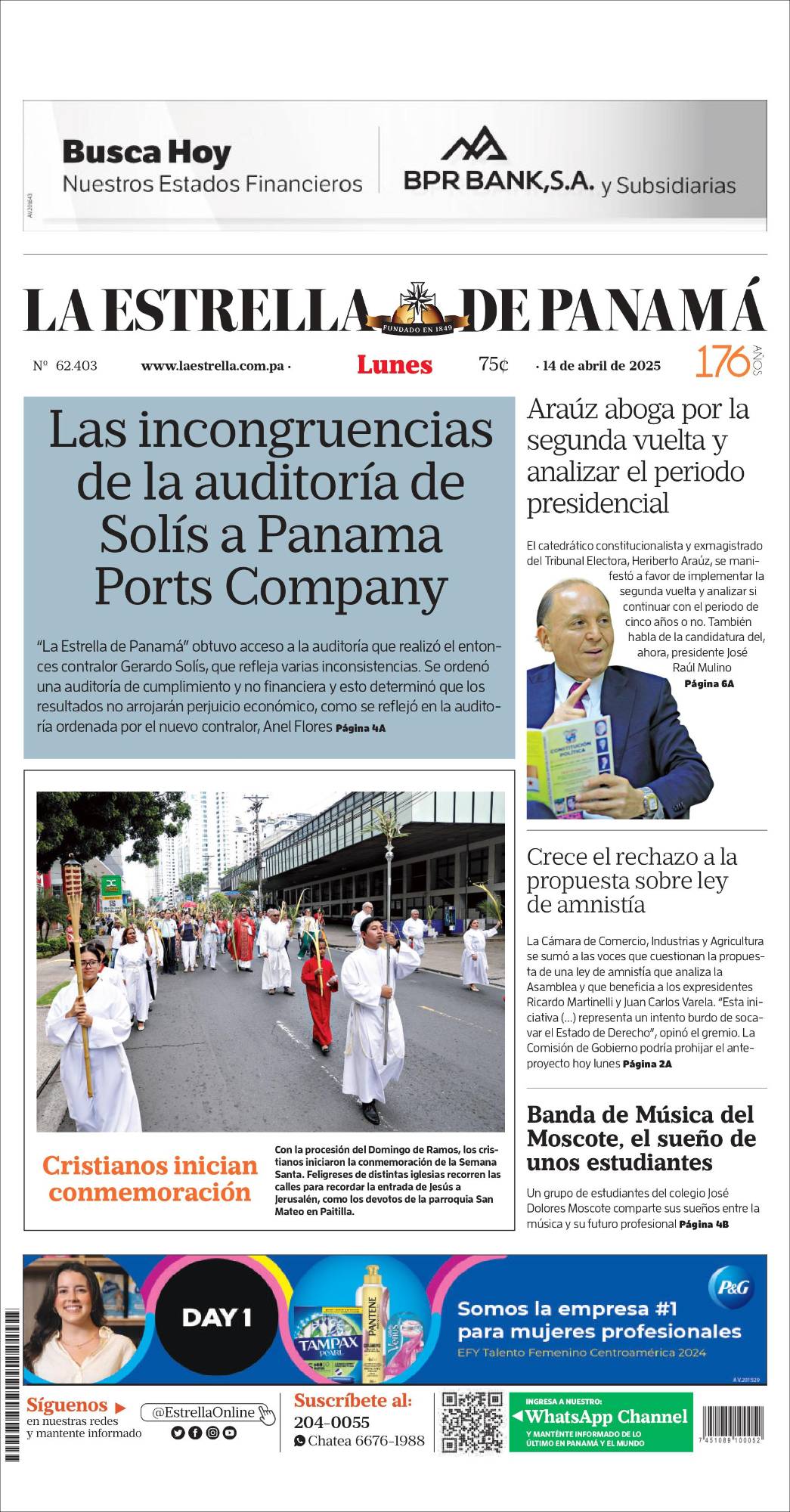Portada del impreso del 14 de abril de 2025