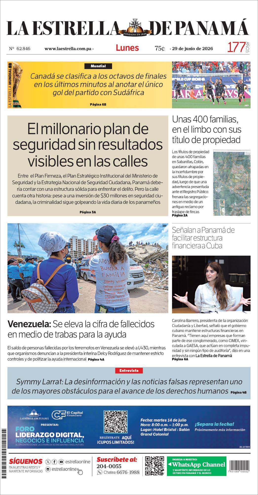 Portada del impreso del 29 de junio de 2026