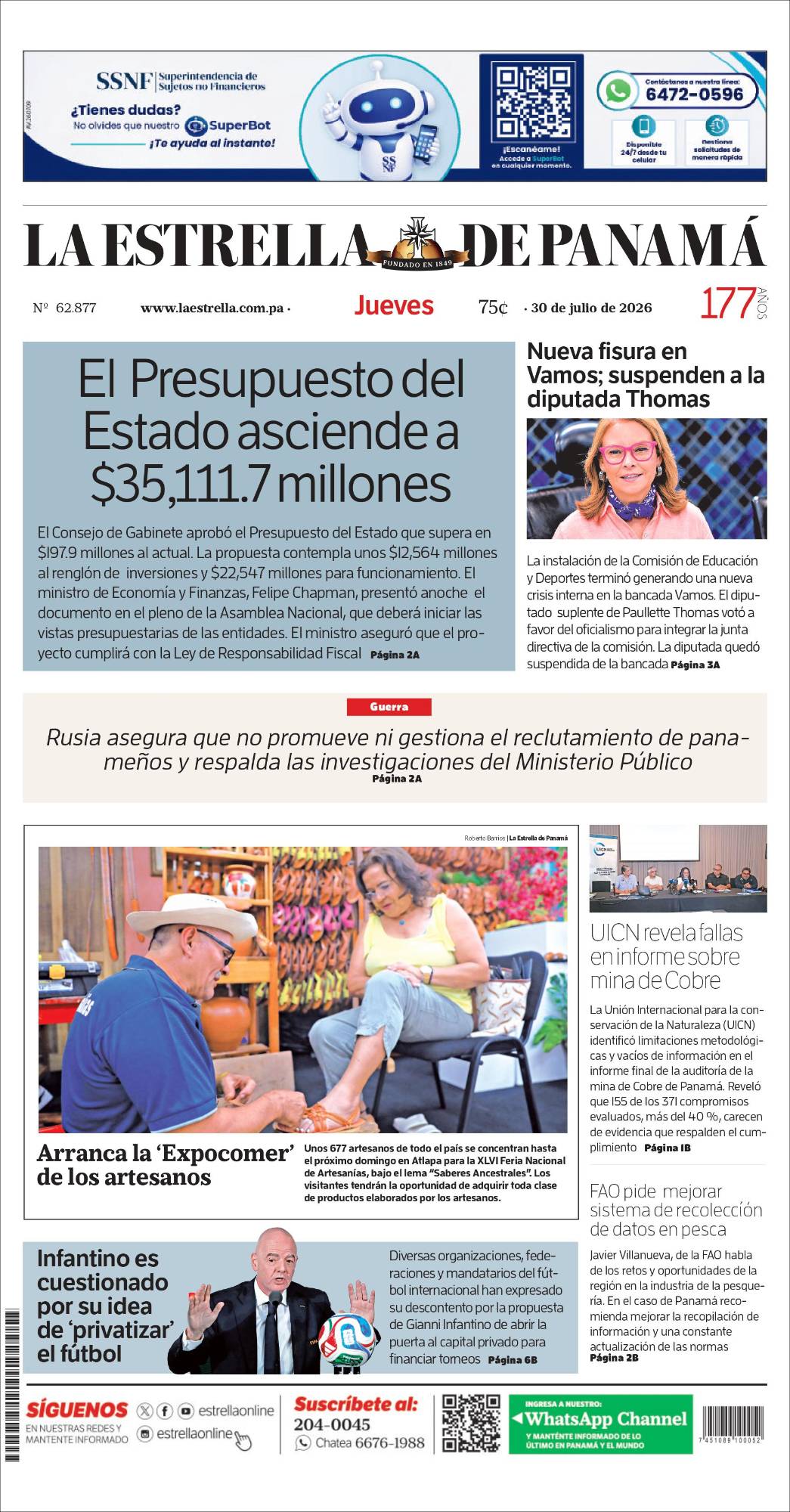 Portada del impreso del 30 de julio de 2026