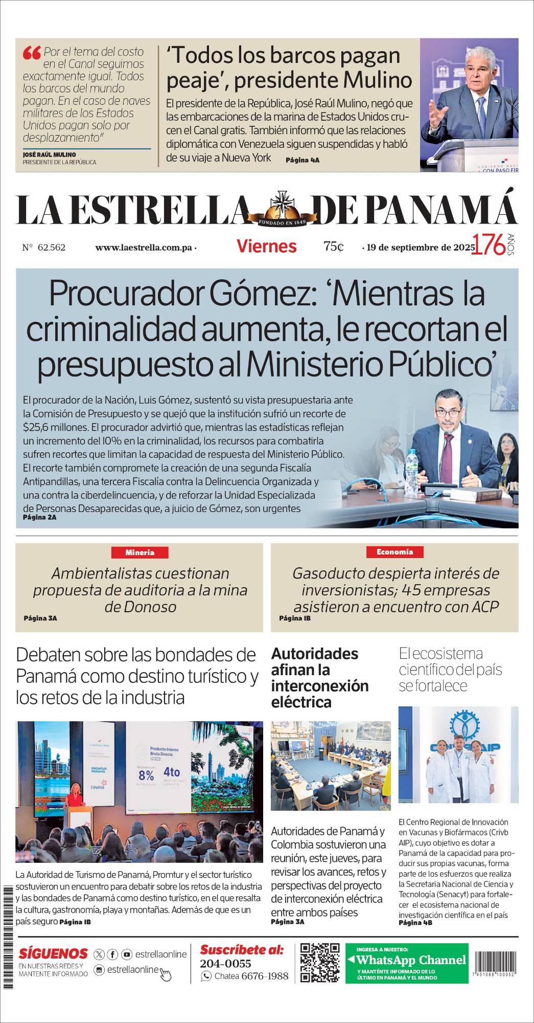 Portada del impreso del 19 de septiembre de 2025
