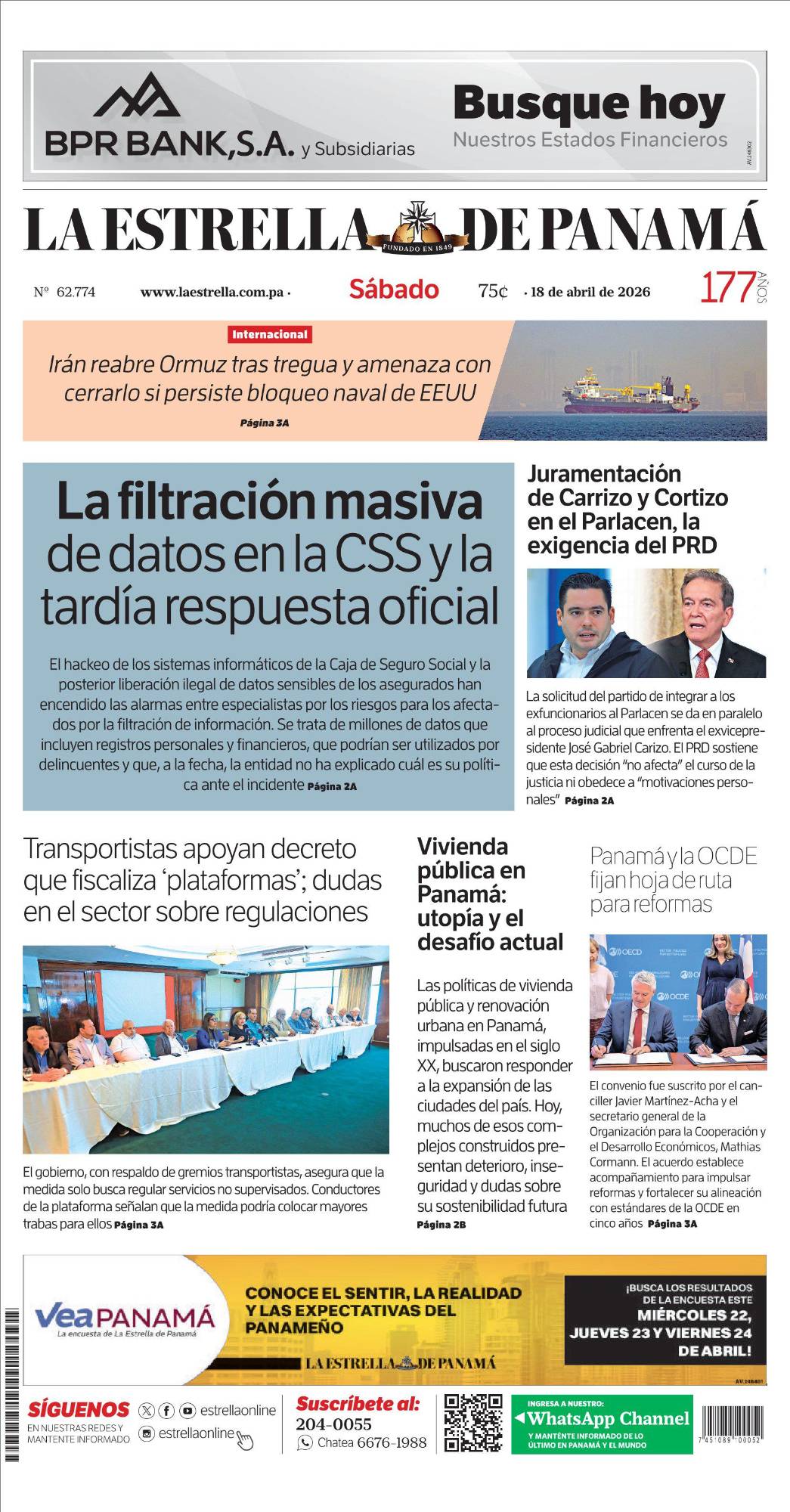 Portada del impreso del 18 de abril de 2026