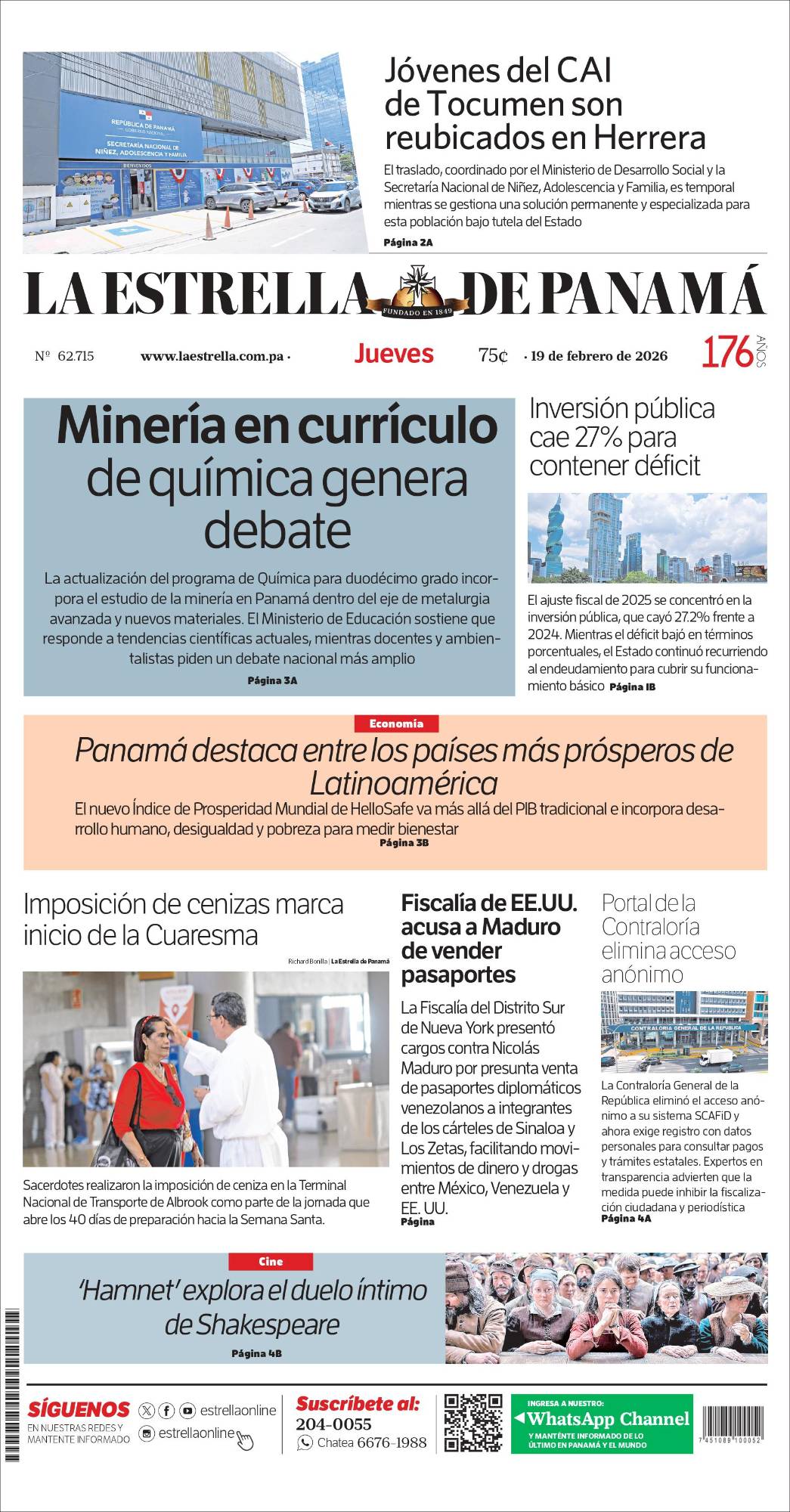 Portada del impreso del 19 de febrero de 2026