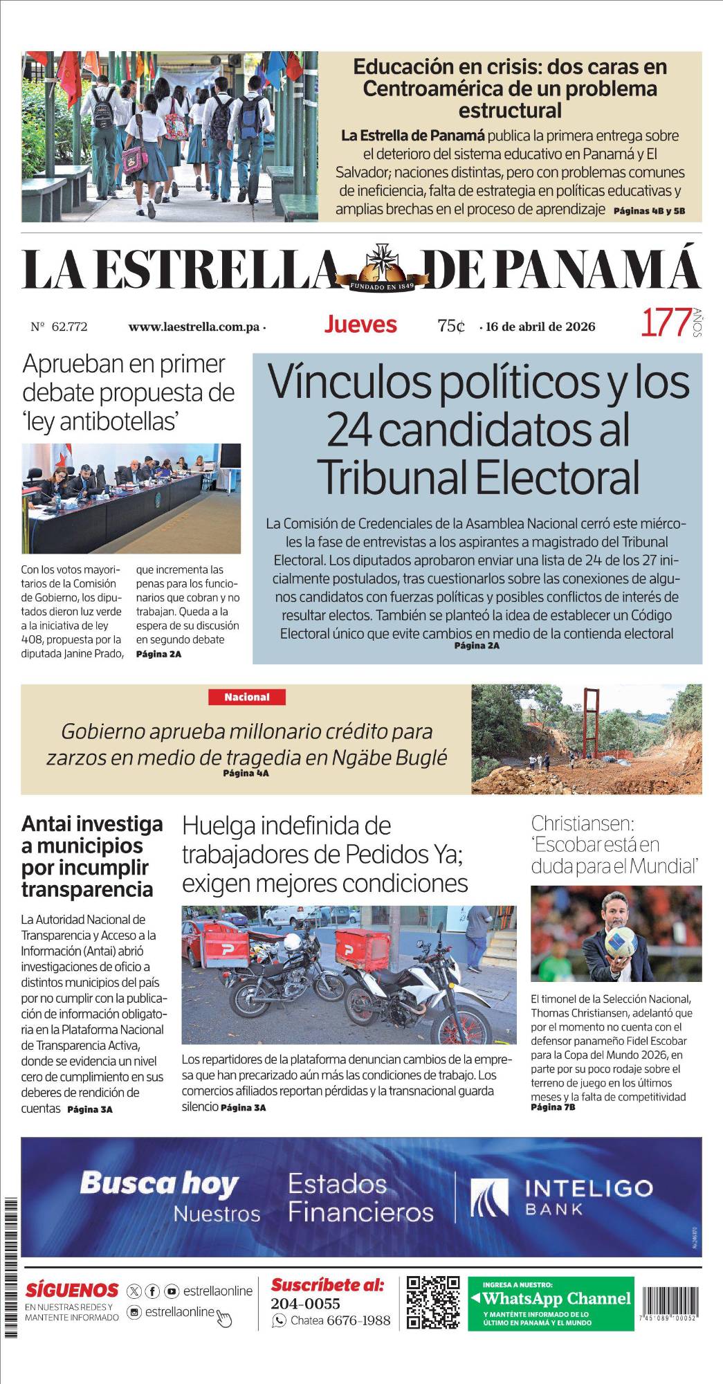 Portada del impreso del 16 de abril de 2026