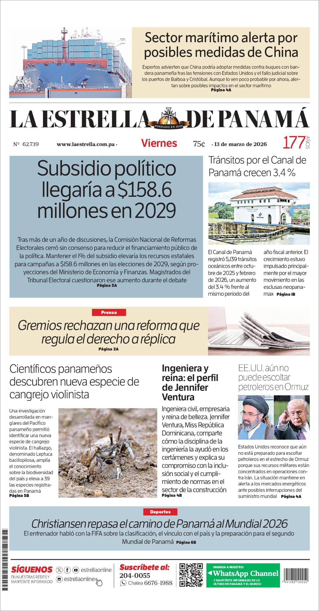 Portada del impreso del 13 de marzo de 2026