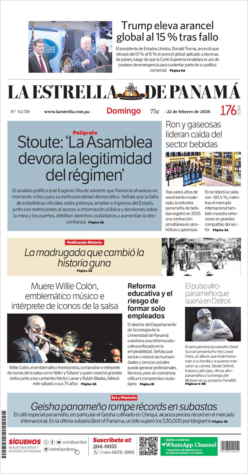 Portada del impreso del 22 de febrero de 2026