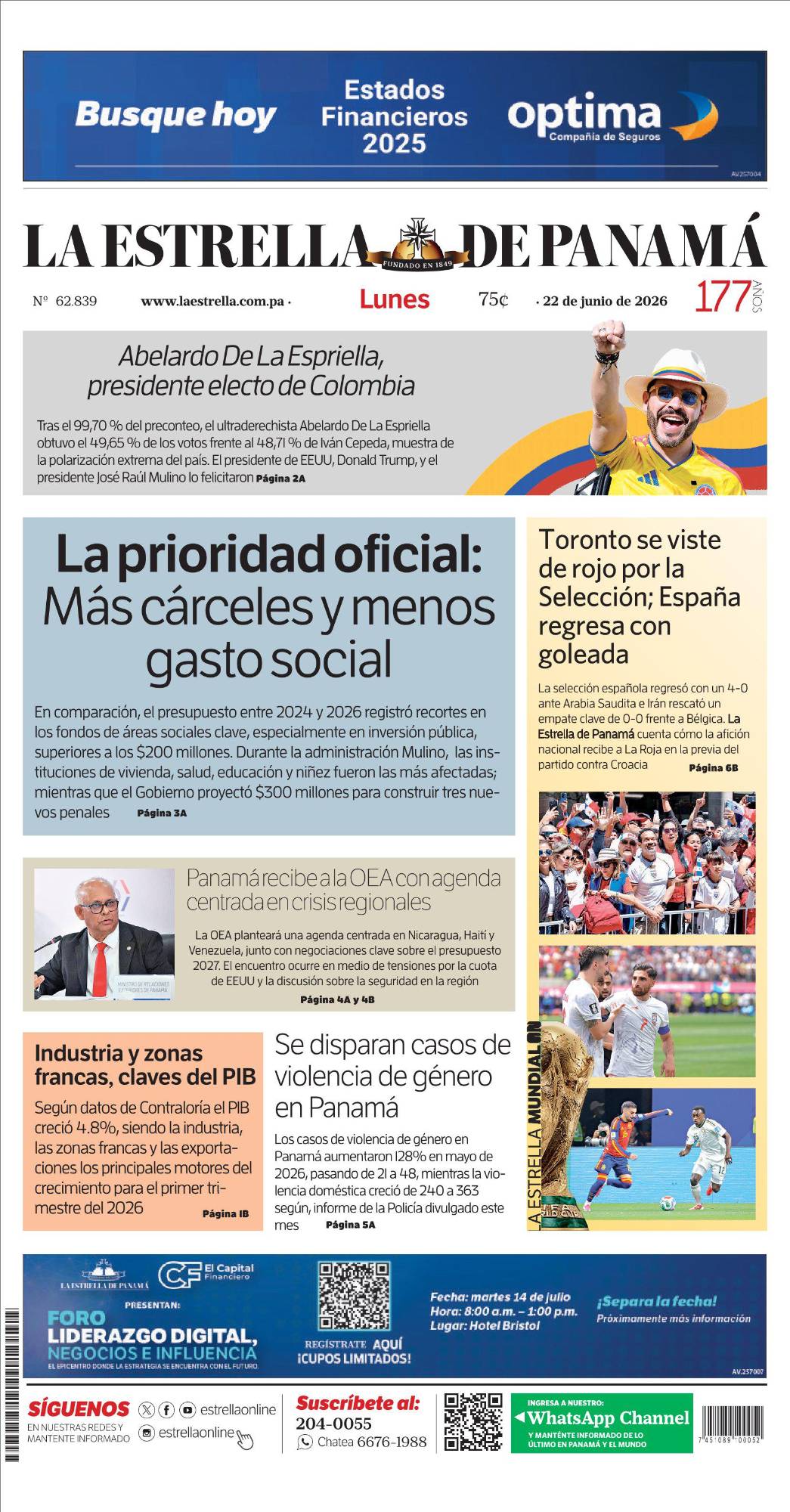 Portada del impreso del 22 de junio de 2026