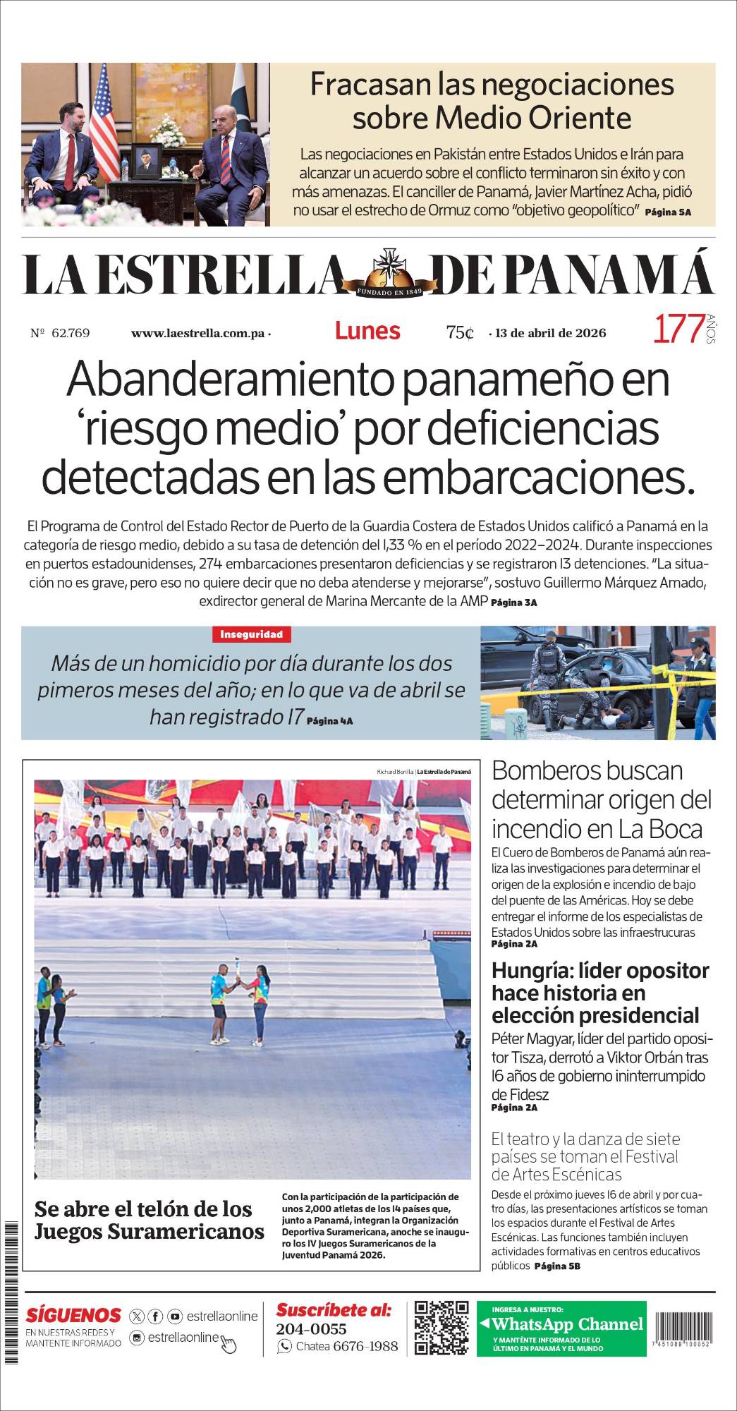 Portada del impreso del 13 de abril de 2026