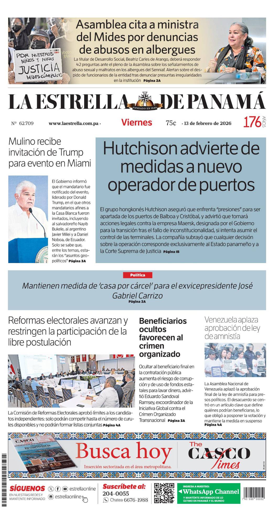 Portada del impreso del 13 de febrero de 2026