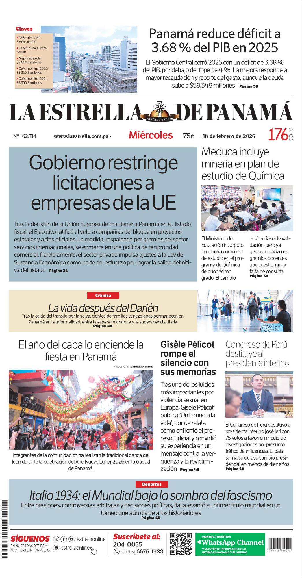 Portada del impreso del 18 de febrero de 2026