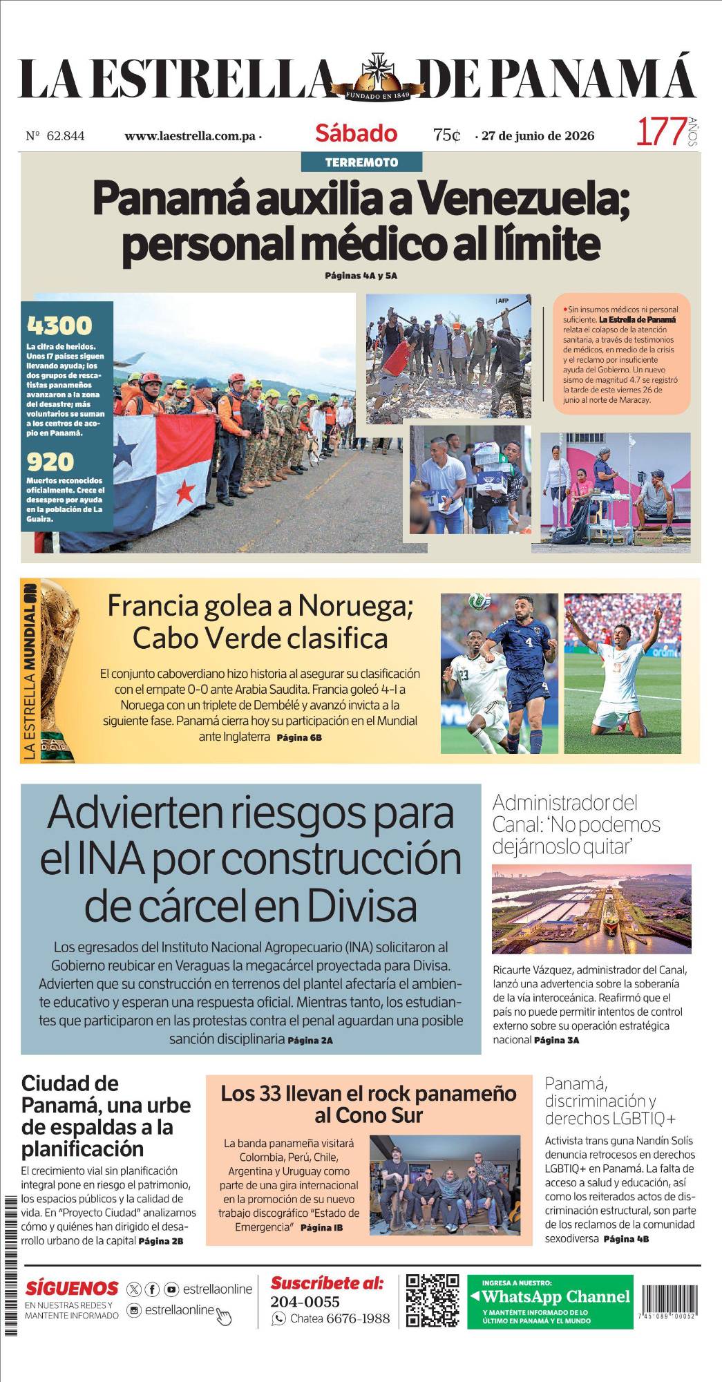 Portada del impreso del 27 de junio de 2026