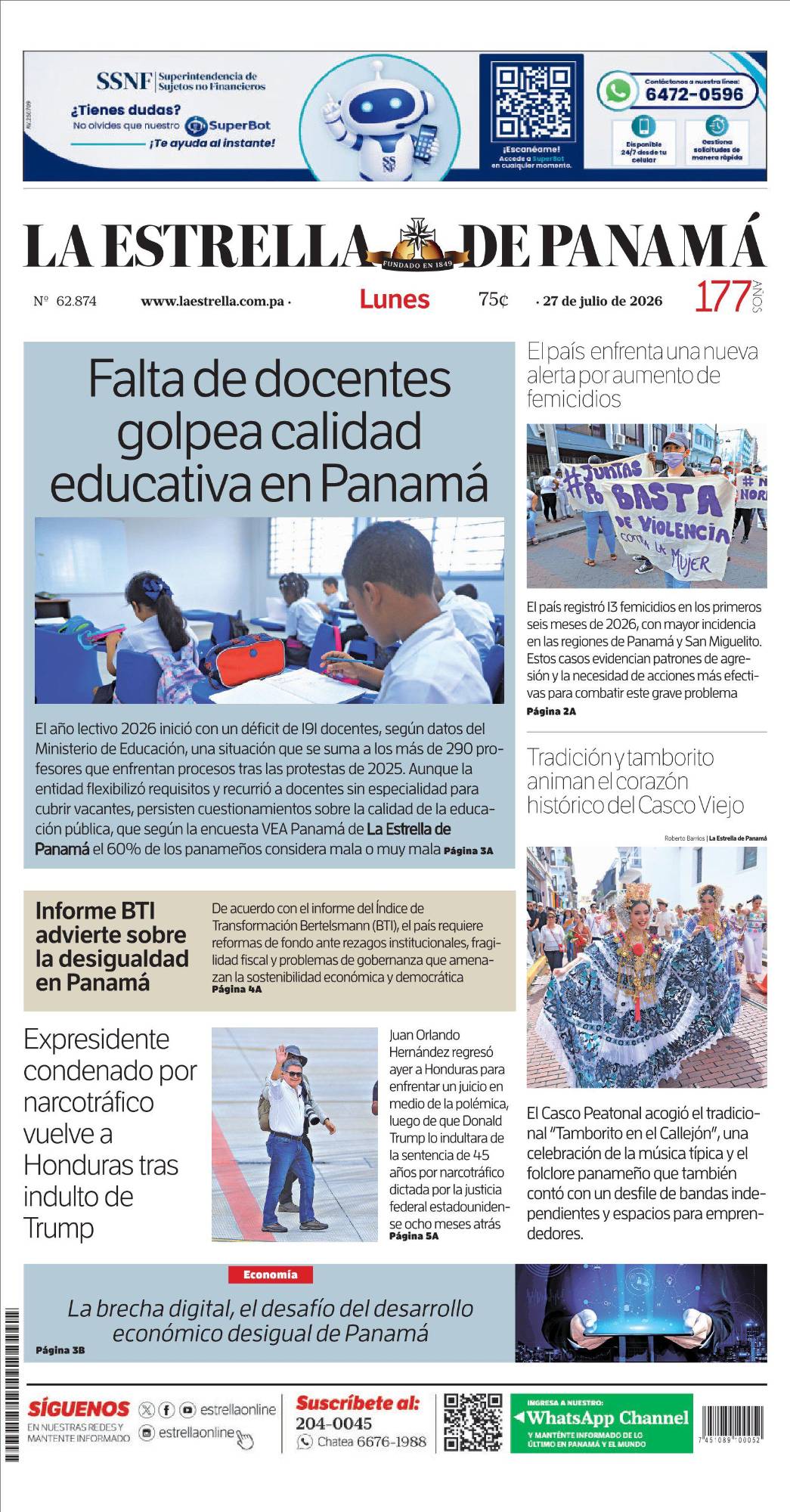 Portada del impreso del 27 de julio de 2026