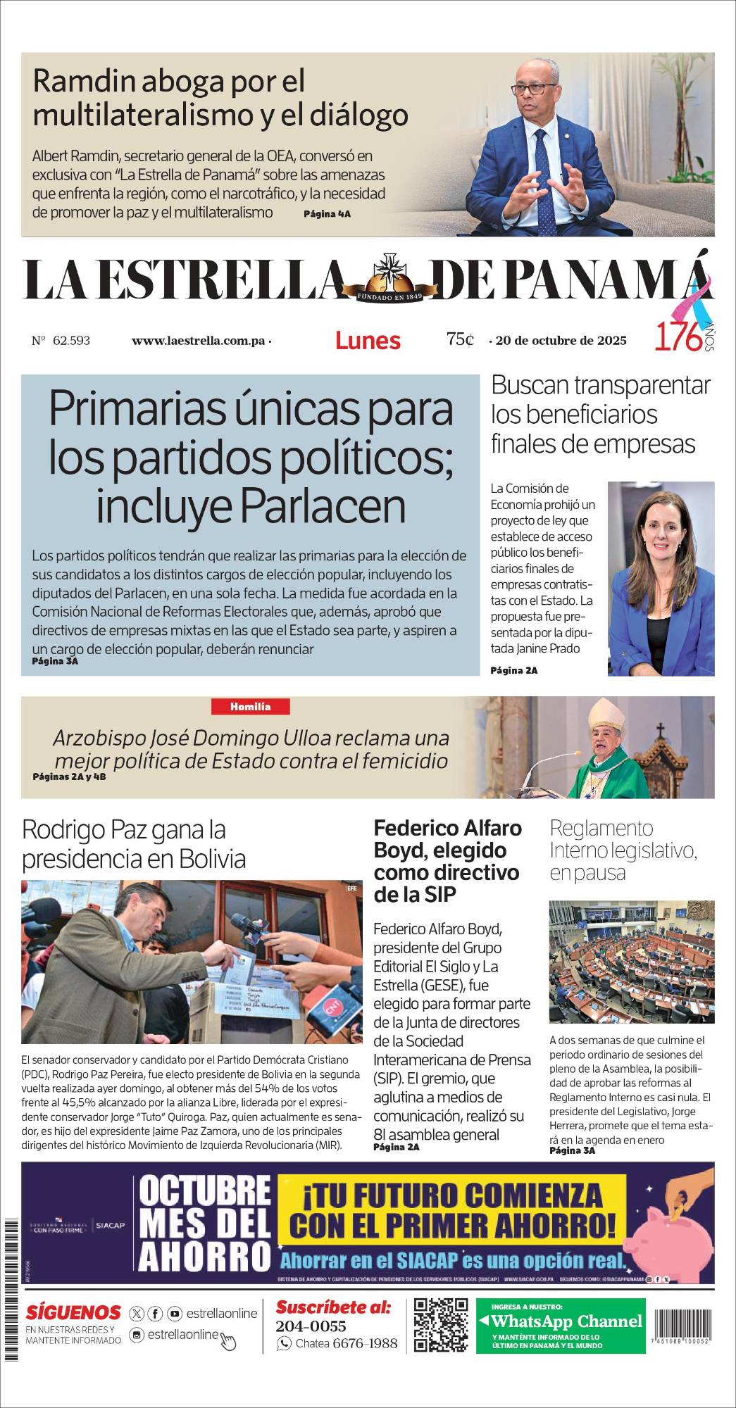 Portada del impreso del 20 de octubre de 2025