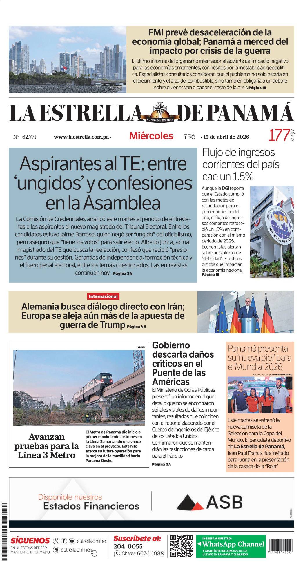 Portada del impreso del 15 de abril de 2026