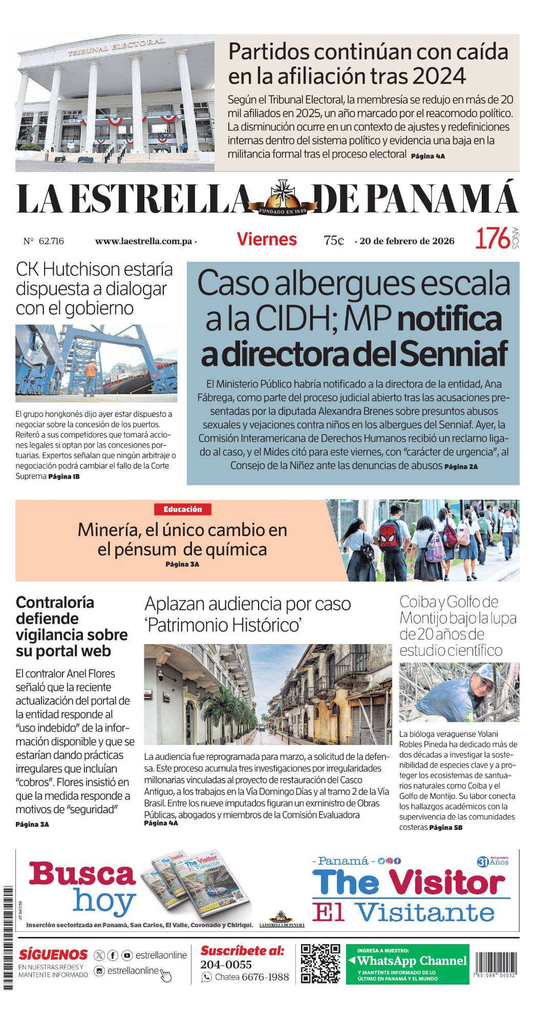 Portada del impreso del 20 de febrero de 2026