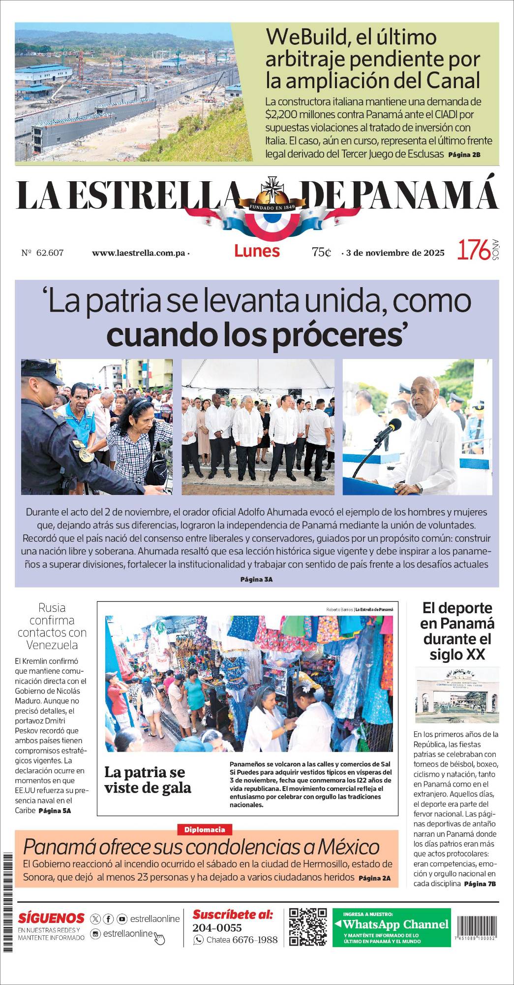 Portada del impreso del 3 de noviembre de 2025