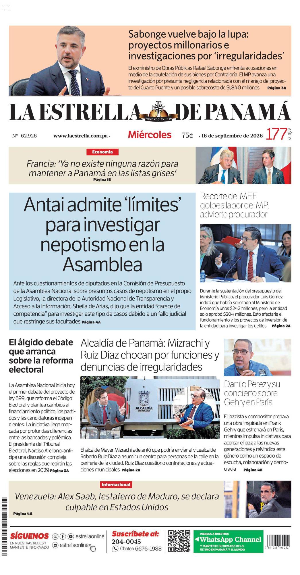 Portada del impreso del 16 de septiembre de 2026