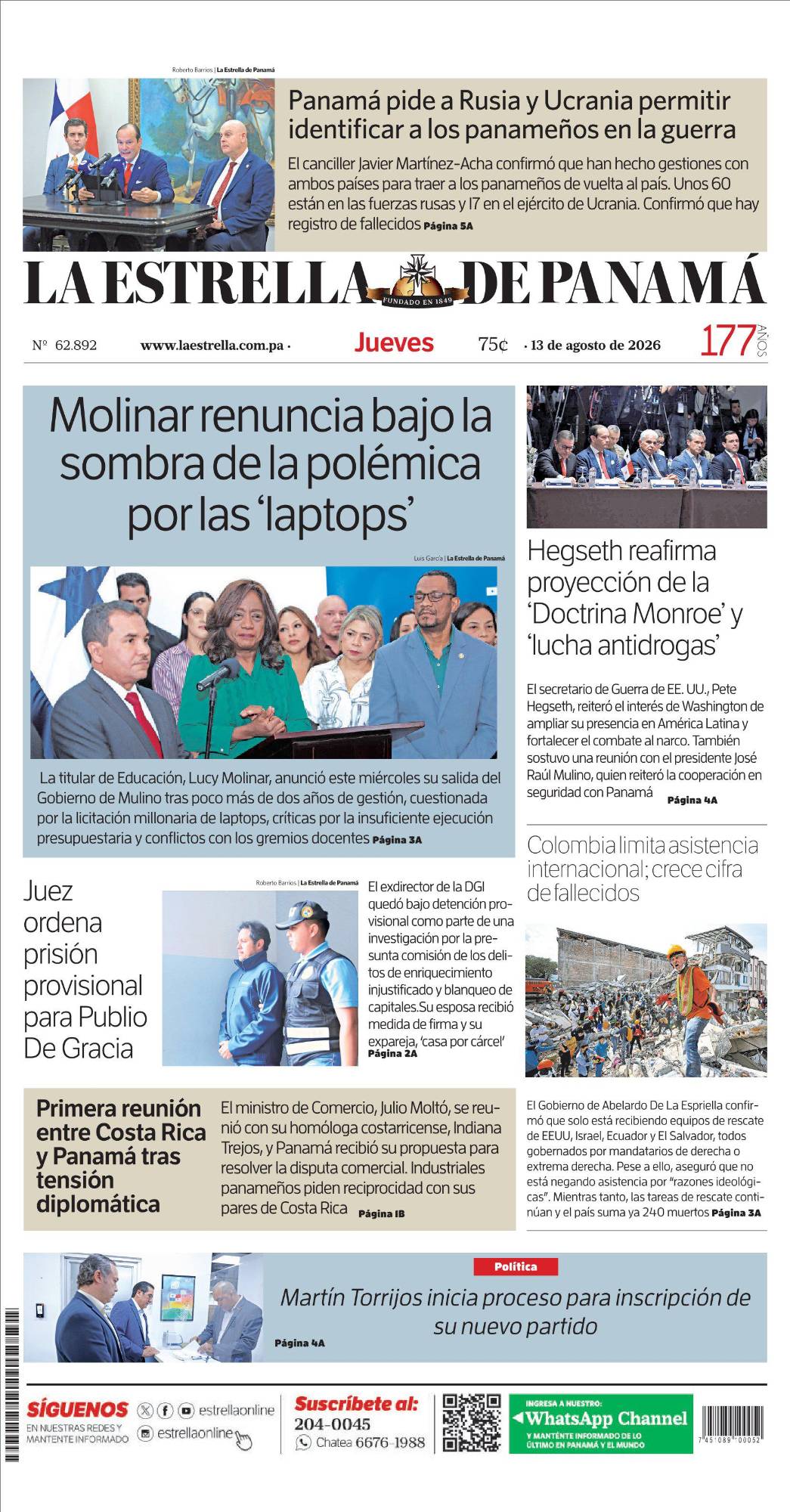 Portada del impreso del 13 de agosto de 2026