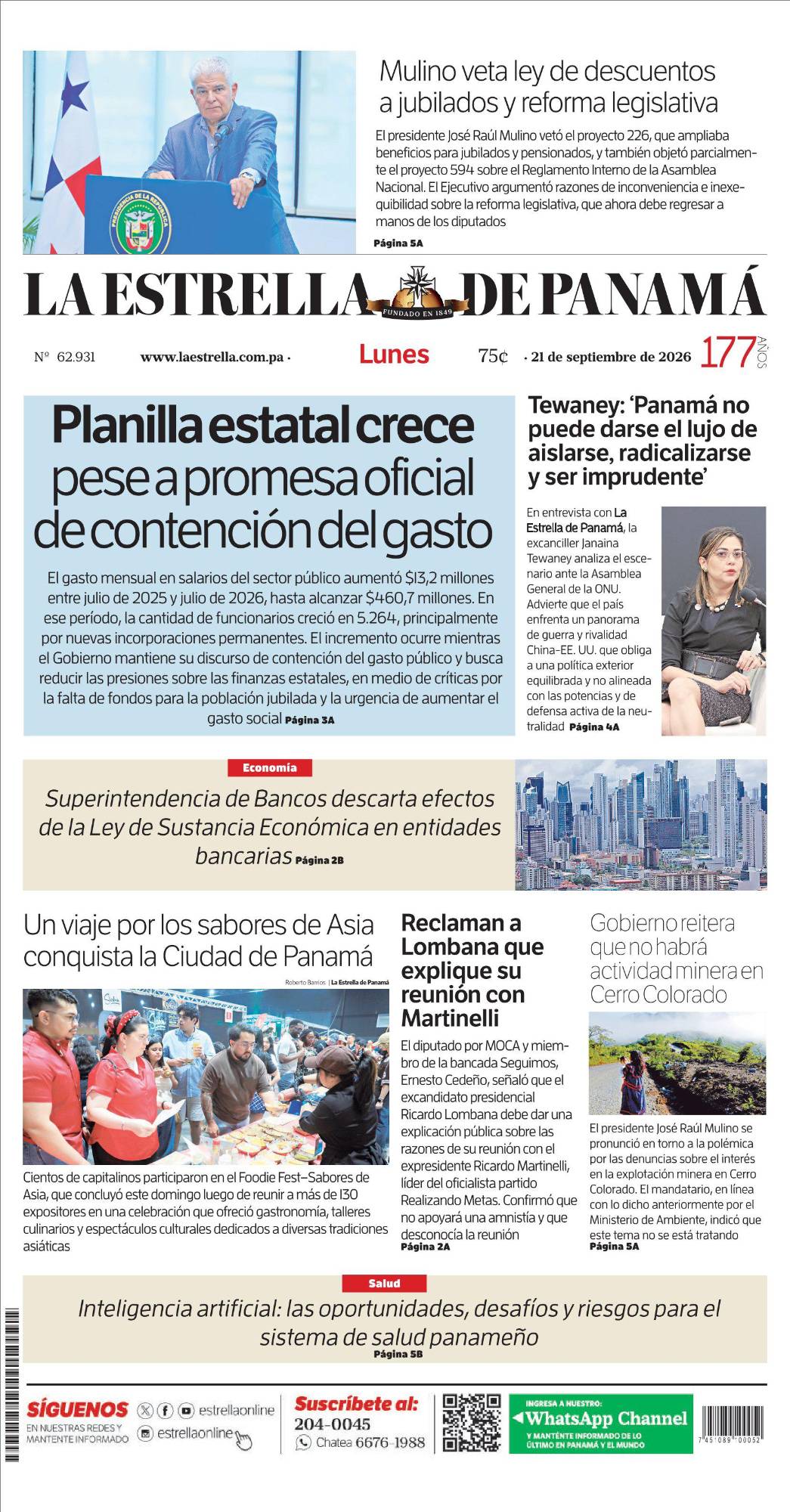 Portada del impreso del 21 de septiembre de 2026