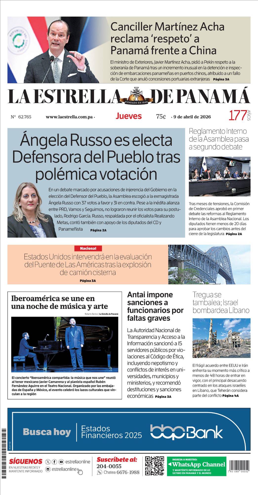 Portada del impreso del 9 de abril de 2026