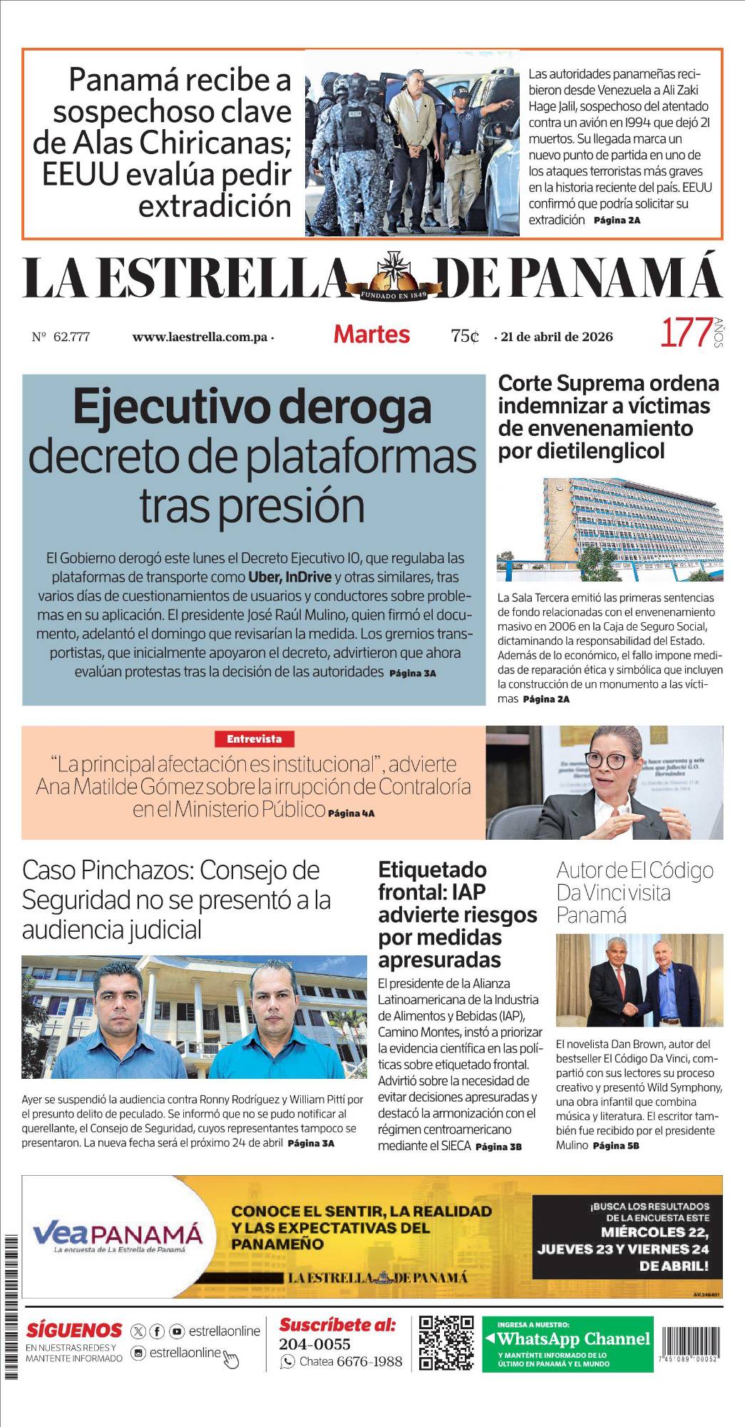 Portada del impreso del 21de abril de 2026
