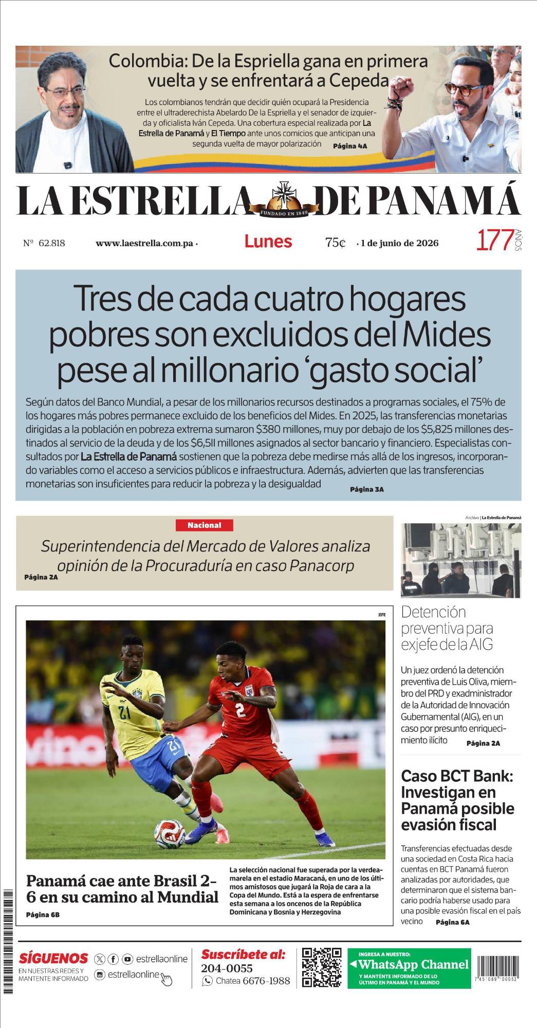 Portada del impreso del 1 de junio de 2026