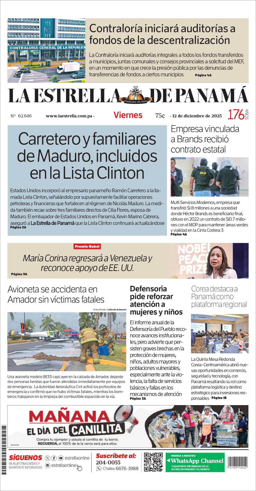 Portada del impreso del 12 de diciembre de 2025