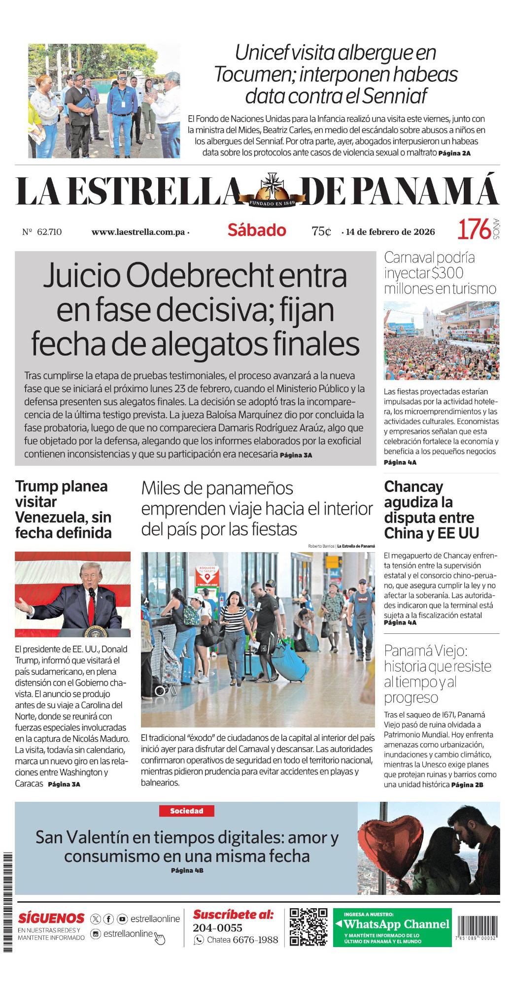 Portada del impreso del 14 de febrero de 2026