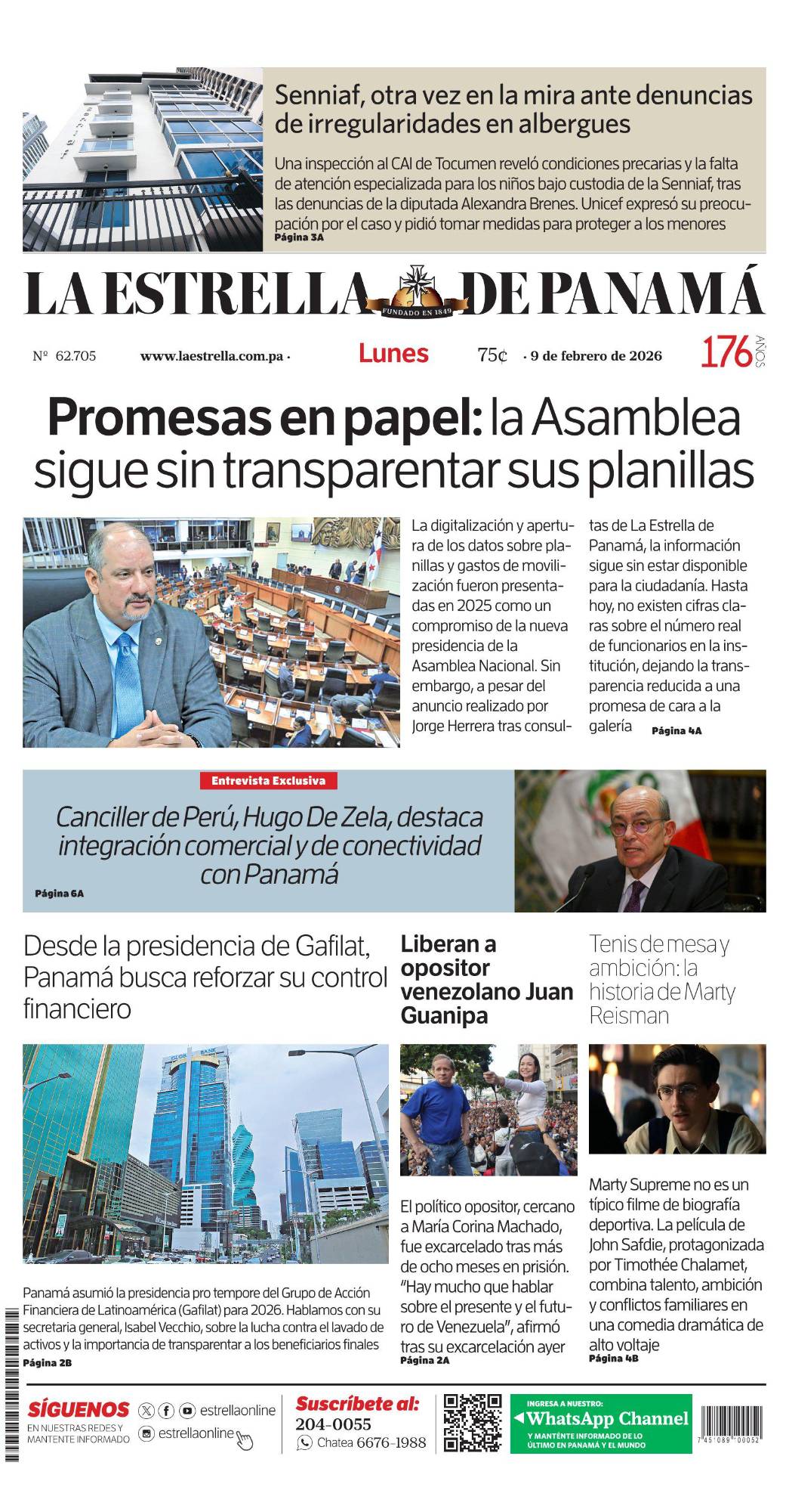 Portada del impreso del 9 de febrero de 2026
