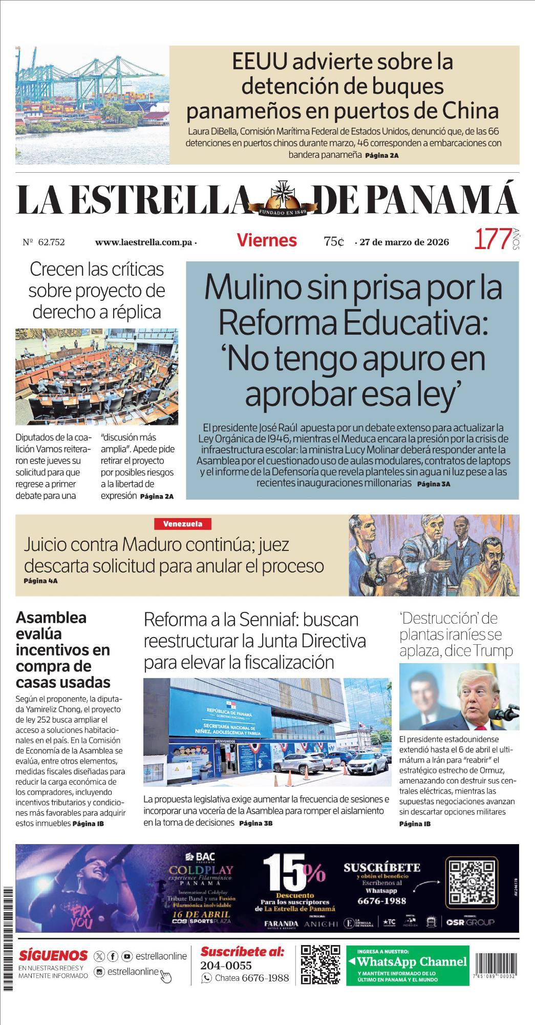Portada del impreso del 27 de marzo de 2026