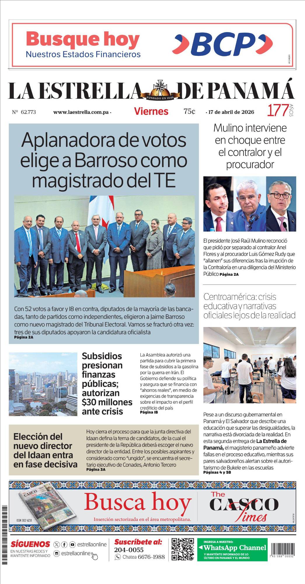 Portada del impreso del 17 de abril de 2026